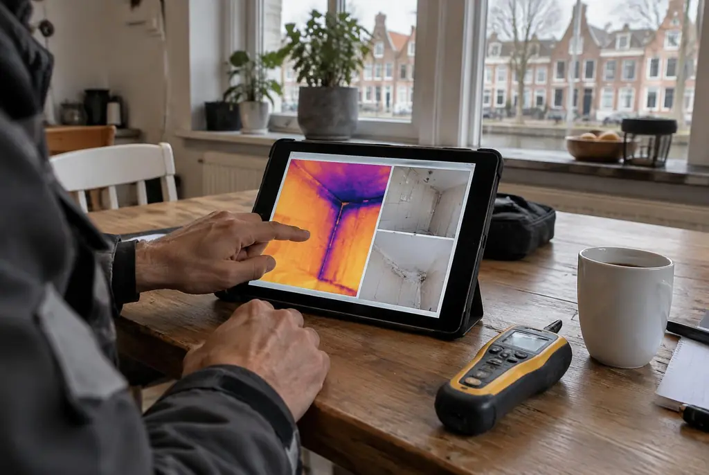 Lekdetectie Zeewolde – lekdetectierapport met warmtebeelden en foto's op een tablet