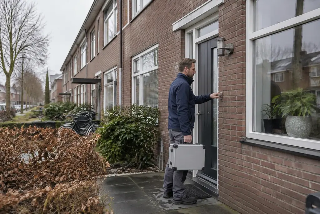 Lekdetectiespecialist met meetkoffer bij de voordeur van een woning in Zeewolde